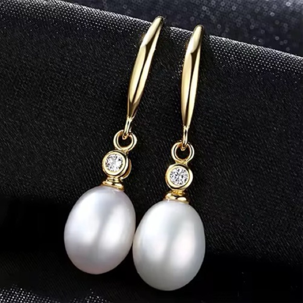 •Fashion Vintage 925 Sterling Silver Gold Plated Natural Pearl Hoop Earrings